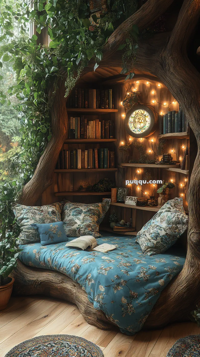 Cozy nook with a bed adorned with blue floral bedding, surrounded by wooden shelves filled with books, fairy lights, and greenery.