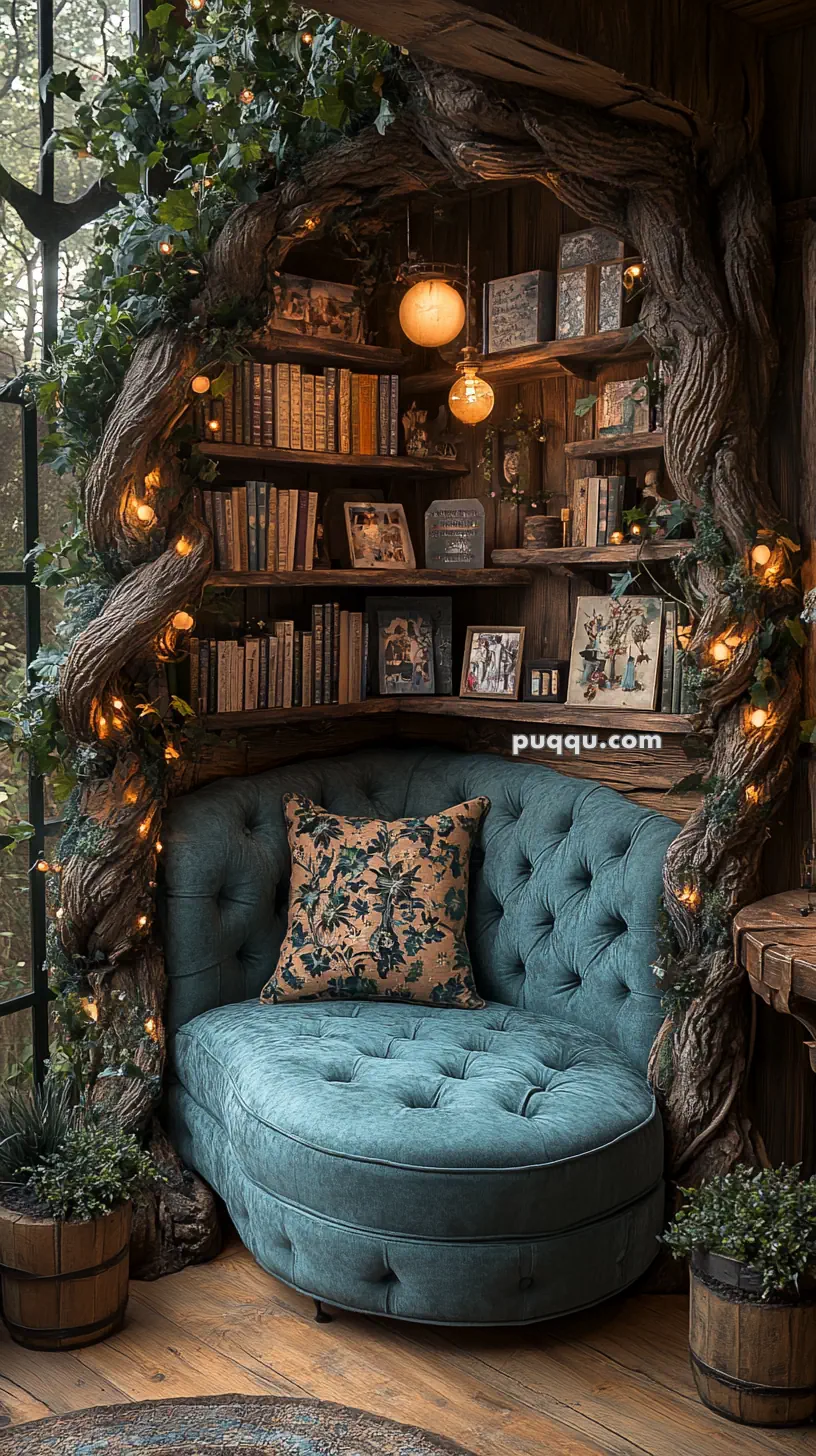 Cozy nook with a tufted blue sofa, surrounded by bookshelves adorned with fairy lights and plants, set in a rustic wooden interior.