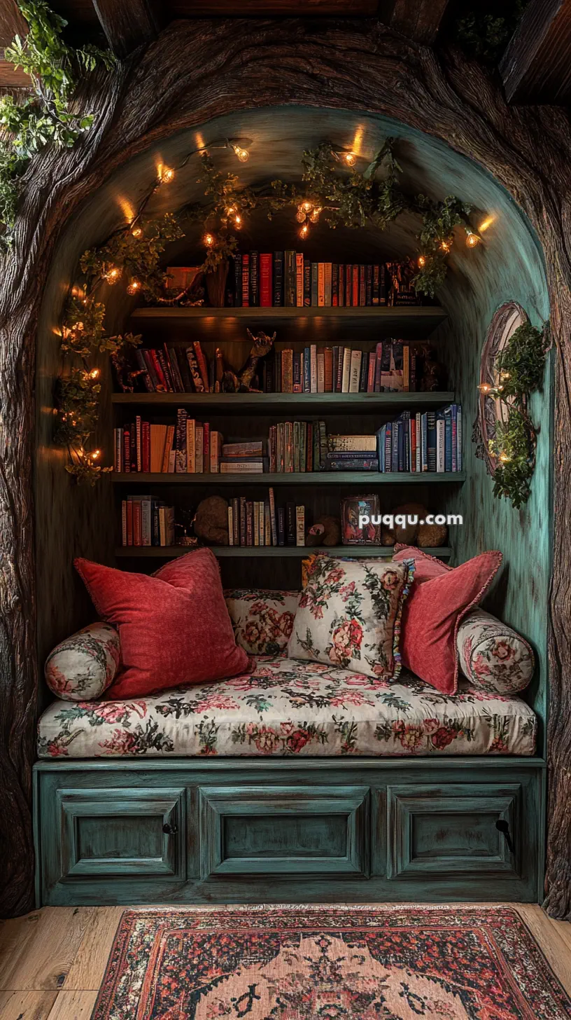 Cozy reading nook with bookshelves, floral-patterned sofa, decorative pillows, and string lights in a rustic setting.