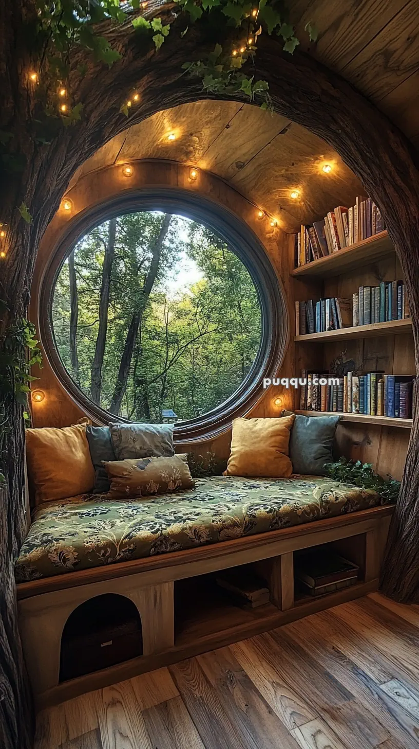 Cozy reading nook with a large circular window overlooking a forest, adorned with string lights, cushioned seating, and bookshelves.