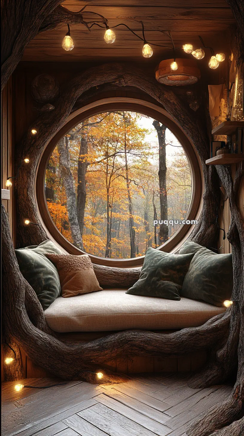 Cozy nook with a round window framed by tree branches, overlooking an autumn forest, lit by string lights, with a cushioned wooden bench and pillows.