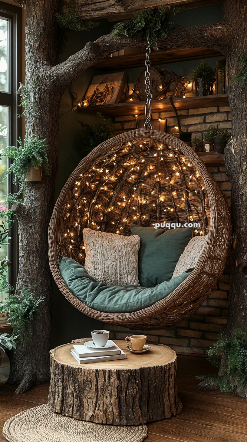 Cozy hanging wicker chair with string lights, cushions, and a nearby wooden stump table with coffee cups and books, set in a rustic interior with tree trunks and plants.