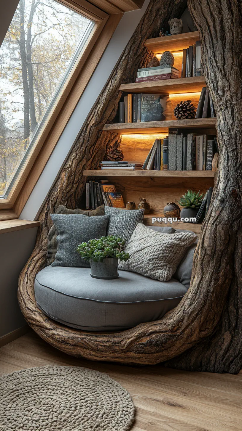 Cozy reading nook with a tree-inspired bookshelf, soft gray cushions, and a small plant near a large window.