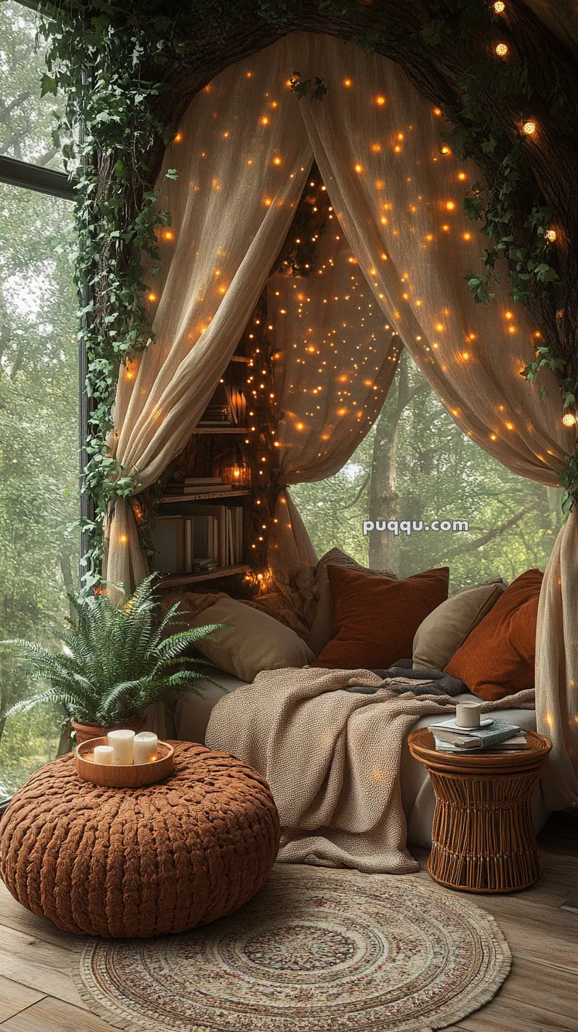 Cozy reading nook with draped curtains, warm string lights, cushions, a knitted ottoman, a side table with books and a cup, surrounded by indoor plants and a large window with a forest view.