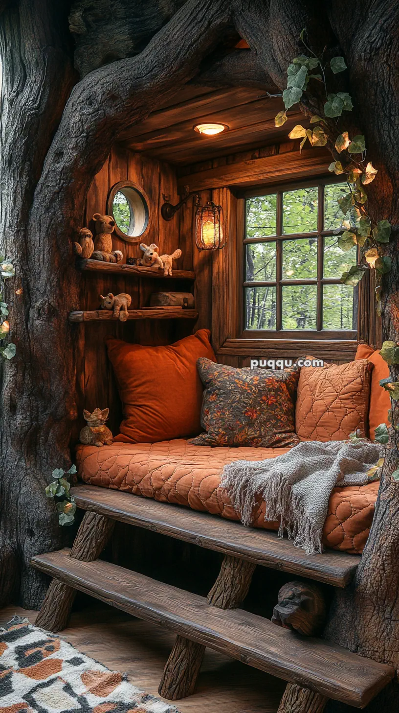 Cozy treehouse nook with wooden shelves, stuffed animals, orange cushions, a round window, and leafy decor.