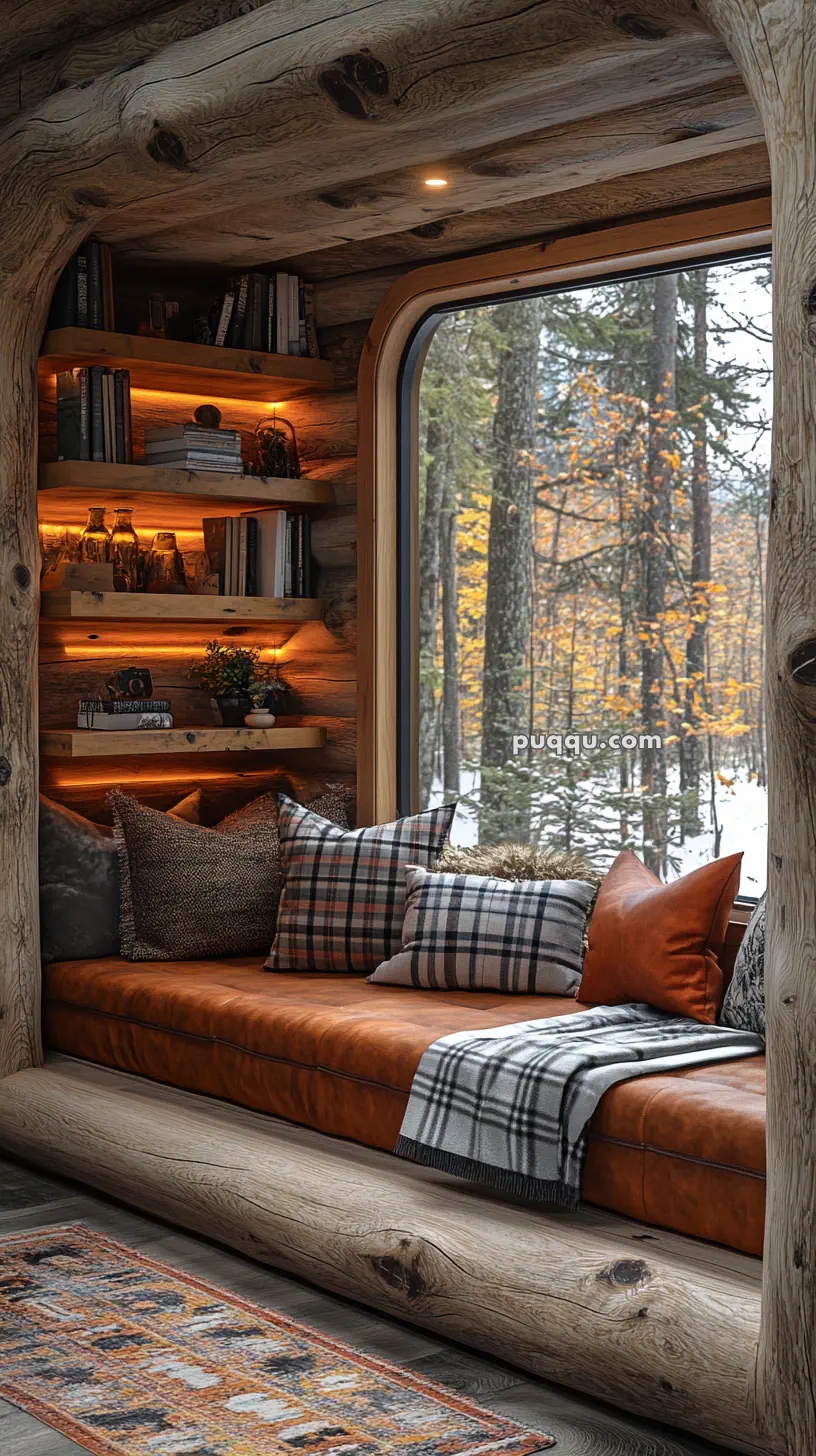 Cozy log cabin interior with a large window seat, plaid pillows, a blanket, wooden shelves with books, soft lighting, and a view of a snowy forest.