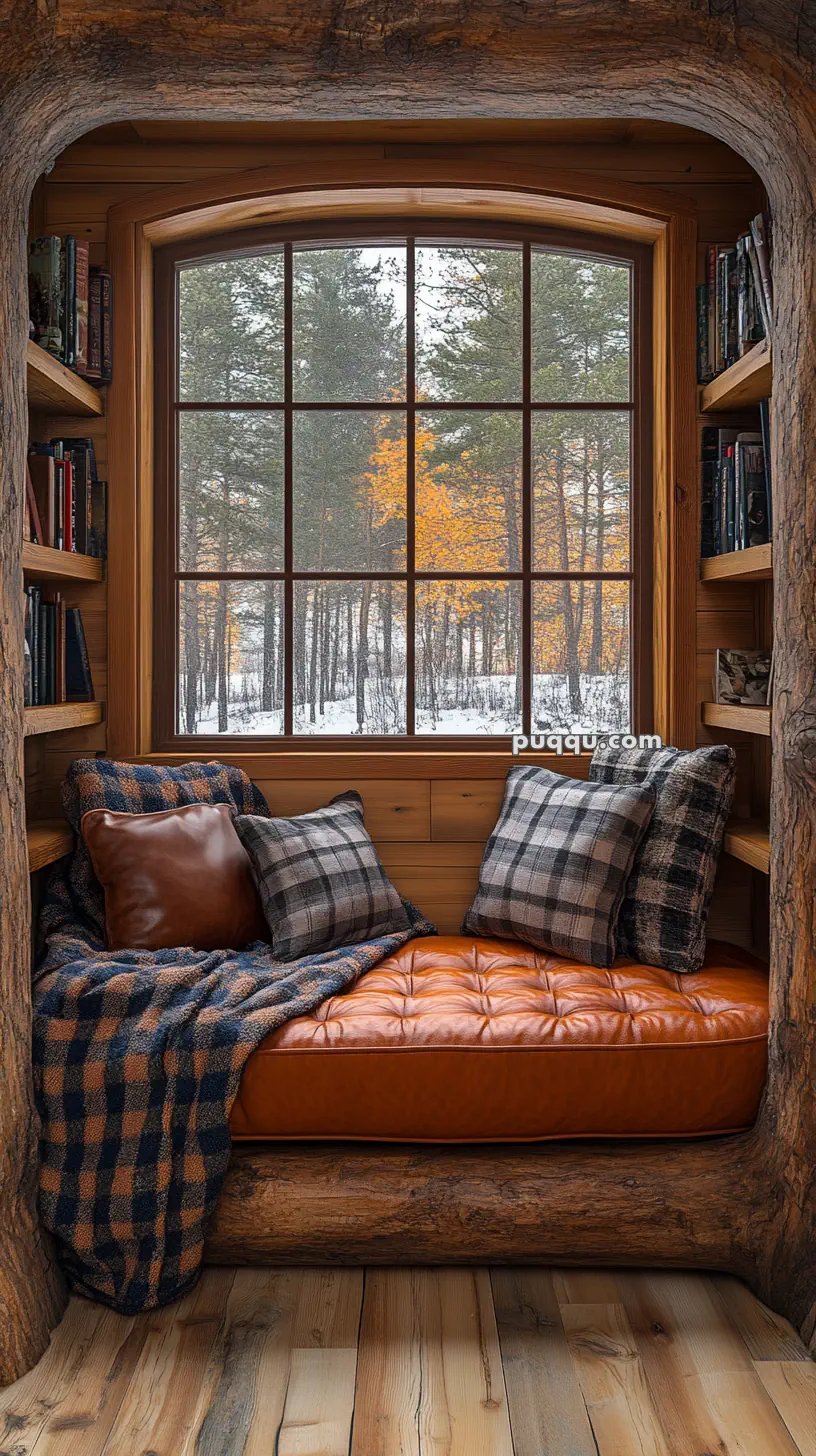 Cozy wooden nook with a leather cushion, plaid pillows, and a checkered blanket, surrounded by bookshelves, overlooking a snowy forest through a large window.