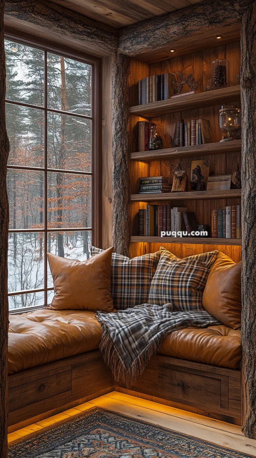 Cozy reading nook with leather cushions, plaid blanket, built-in wooden shelves filled with books, and a large window overlooking a snowy forest.