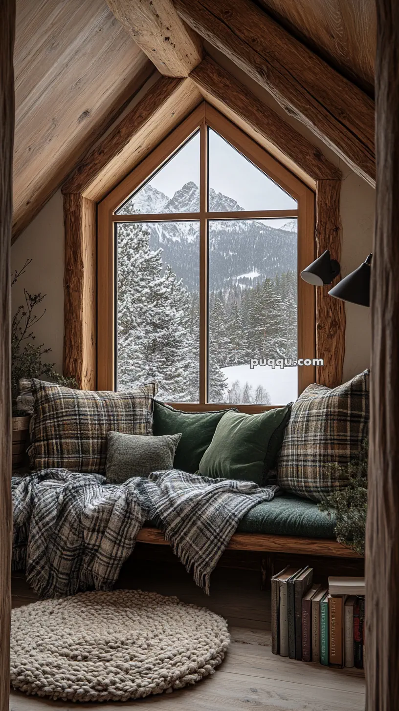 Cozy attic room with plaid cushions and blanket on a wooden seating area, large window overlooking snowy mountains and trees.