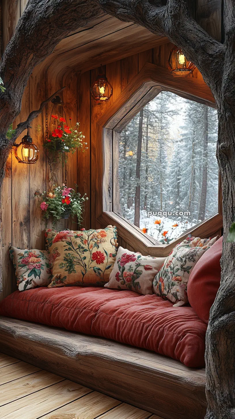 Cozy nook with a cushioned bench and floral pillows, set against a large window showing a snowy forest view, adorned with rustic lanterns and hanging plants.