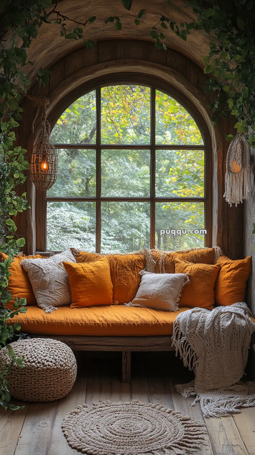 Cozy window nook with orange cushions, a knitted pouf, and a woven rug, surrounded by greenery, featuring a large arched window overlooking trees.