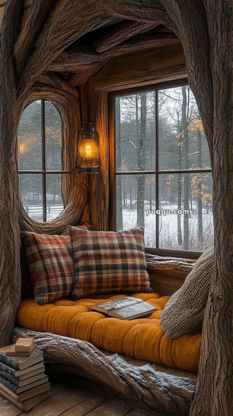 Cozy reading nook with wooden branches framing a window, featuring a cushioned seat with plaid pillows, a blanket, a lantern, and a view of a snowy forest.