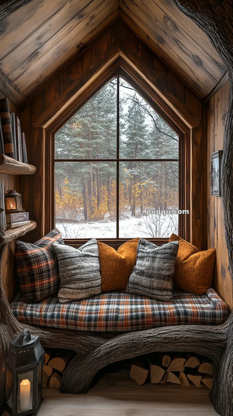 Cozy wooden nook with a plaid cushioned bench, pillows, and a window view of snow-covered trees.