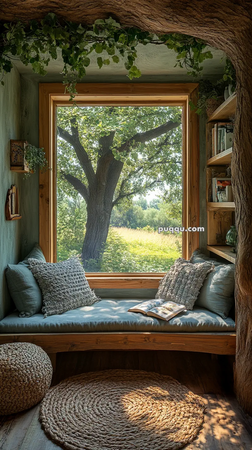 Cozy reading nook with a large window view of a tree and greenery, surrounded by wooden shelves filled with books, and adorned with cushions and a woven rug.