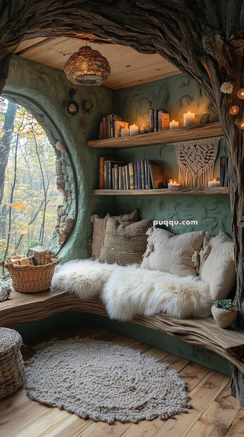 Cozy nook with a wooden bench, fluffy cushions, bookshelves, candles, and a large window overlooking autumn trees.