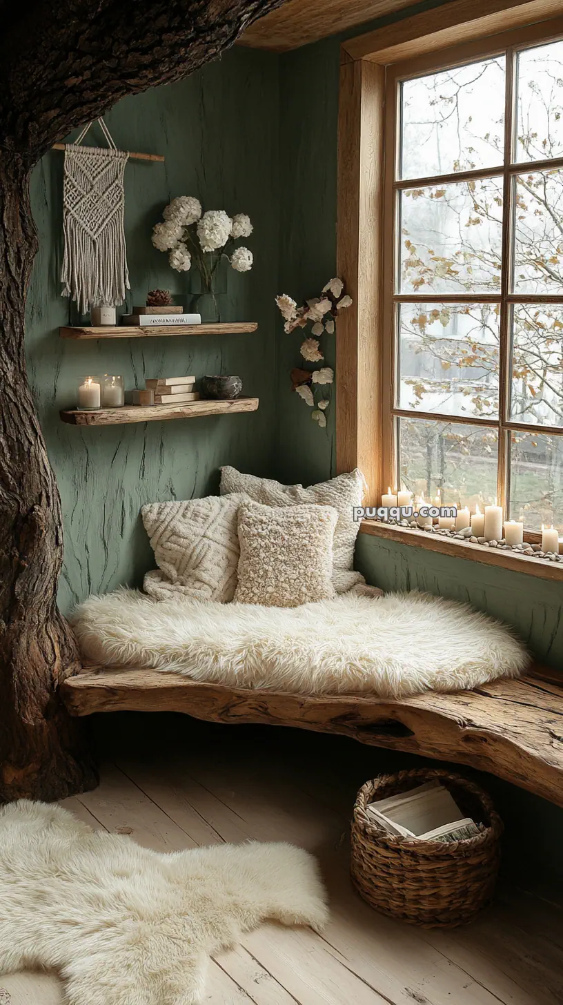 Cozy reading nook with a wooden bench, fluffy cushions and throw, surrounded by candles, books, and a window view.