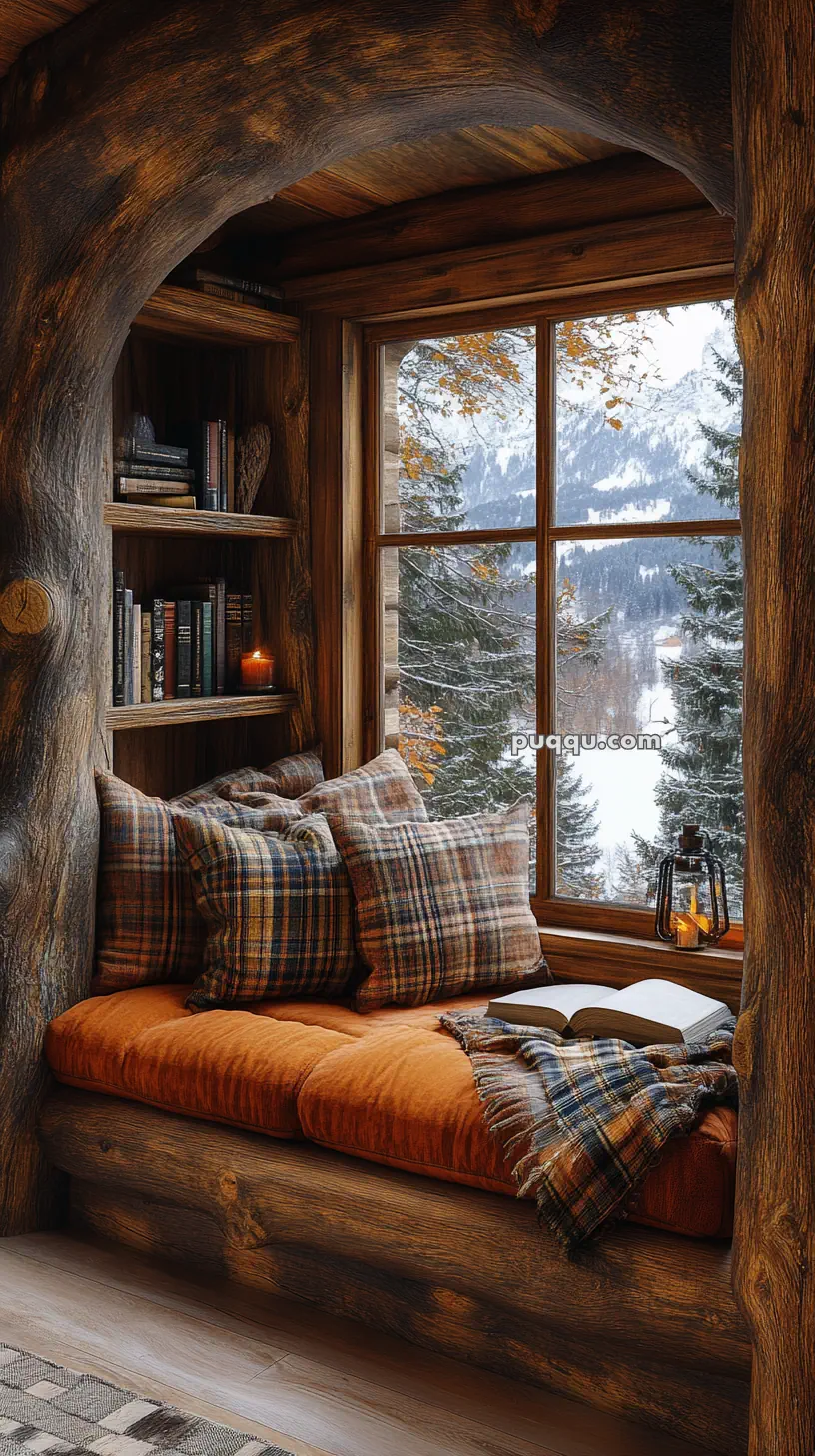 Cozy wooden alcove with plaid cushions and an open book, overlooking a snowy mountain landscape.