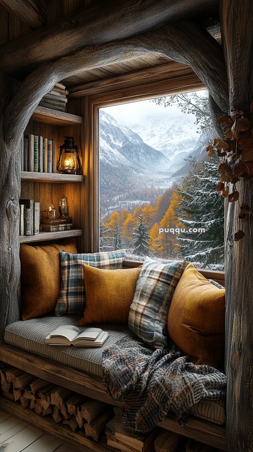 Cozy reading nook with rustic wooden elements, plush cushions, a blanket, books, and a lantern; large window view of snow-capped mountains and autumn trees.