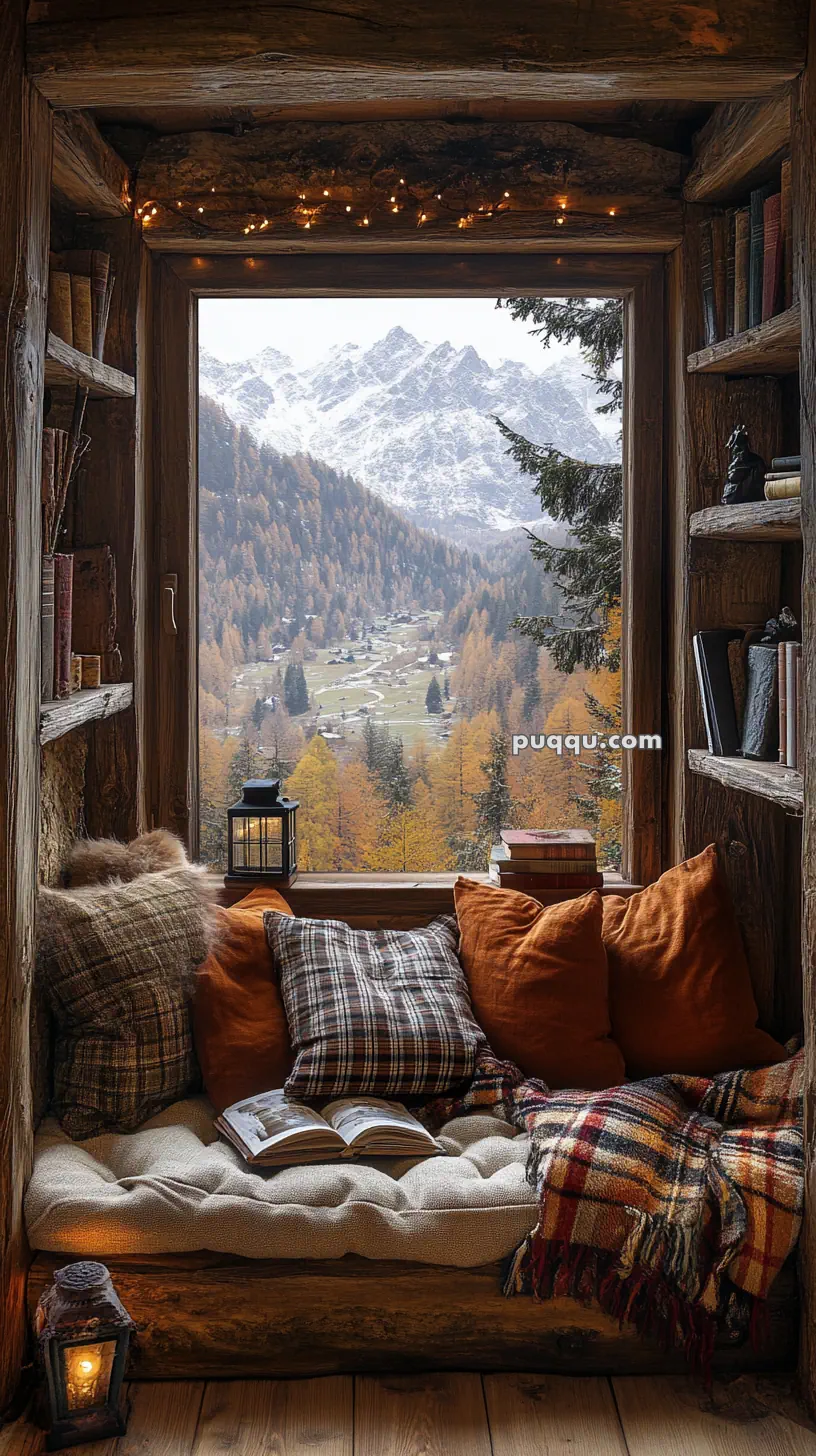 Cozy reading nook with cushions and blankets by a window overlooking snowy mountains and a valley, surrounded by bookshelves.