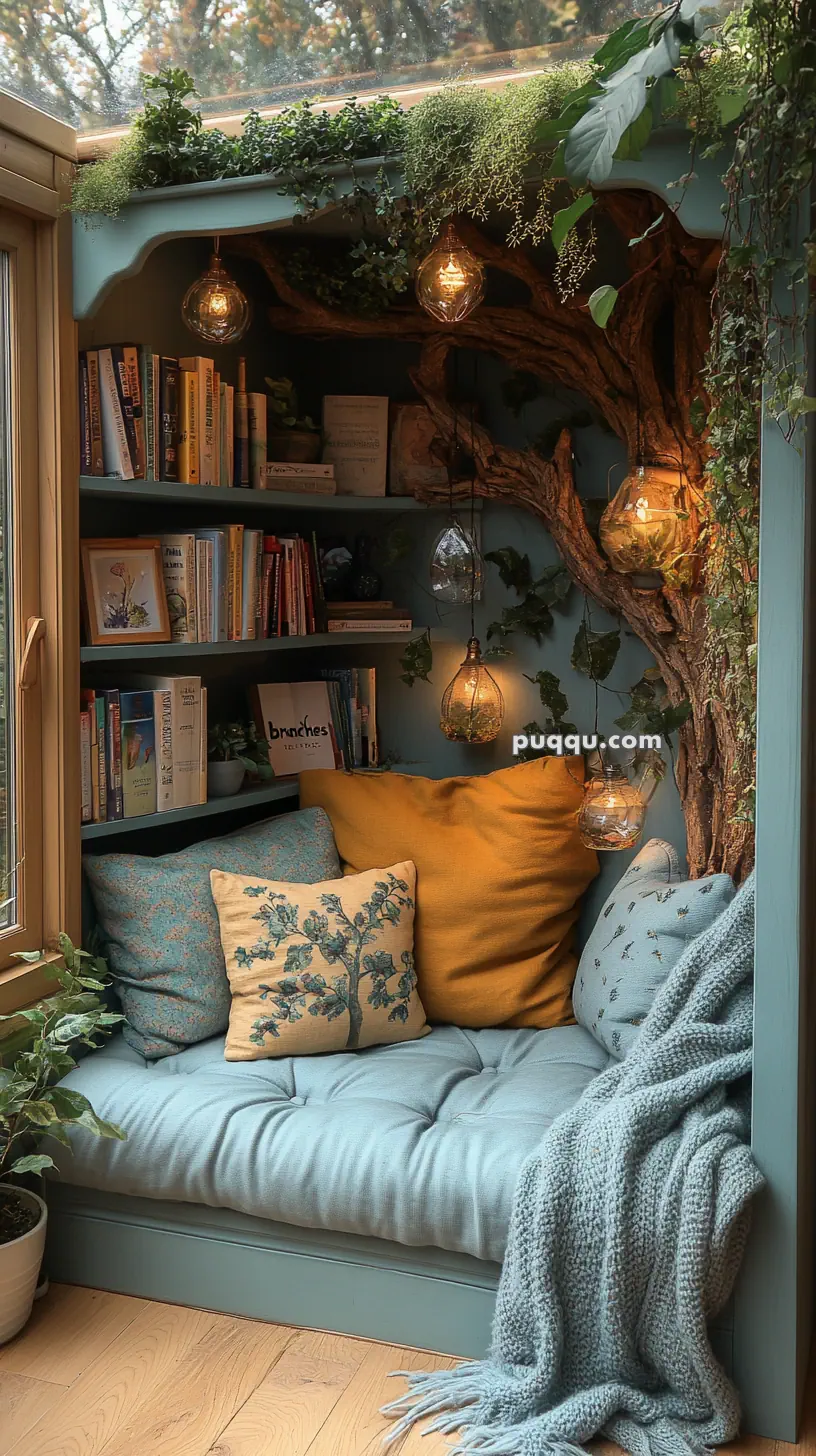 A cozy reading nook with a cushioned bench, decorative pillows, hanging lights, and bookshelves surrounded by plants and wooden accents.