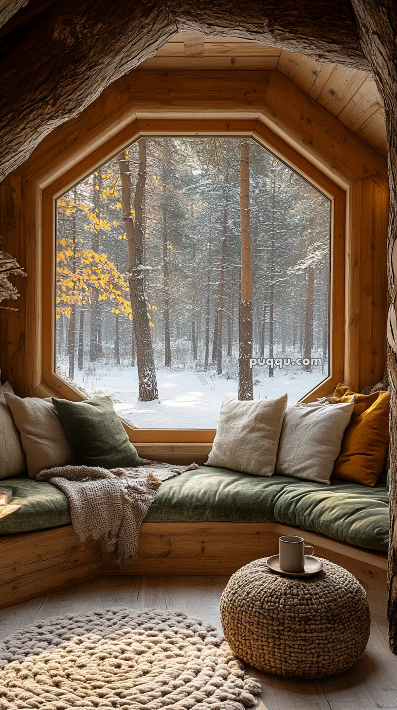 Cozy cabin interior with a large window view of a snowy forest, featuring a cushioned sitting area, knitted pouf, and warm blankets.