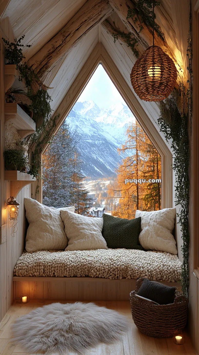 Cozy nook with a cushioned bench and pillows, a large triangular window offering a snowy mountain view, surrounded by wooden accents and hanging plants.