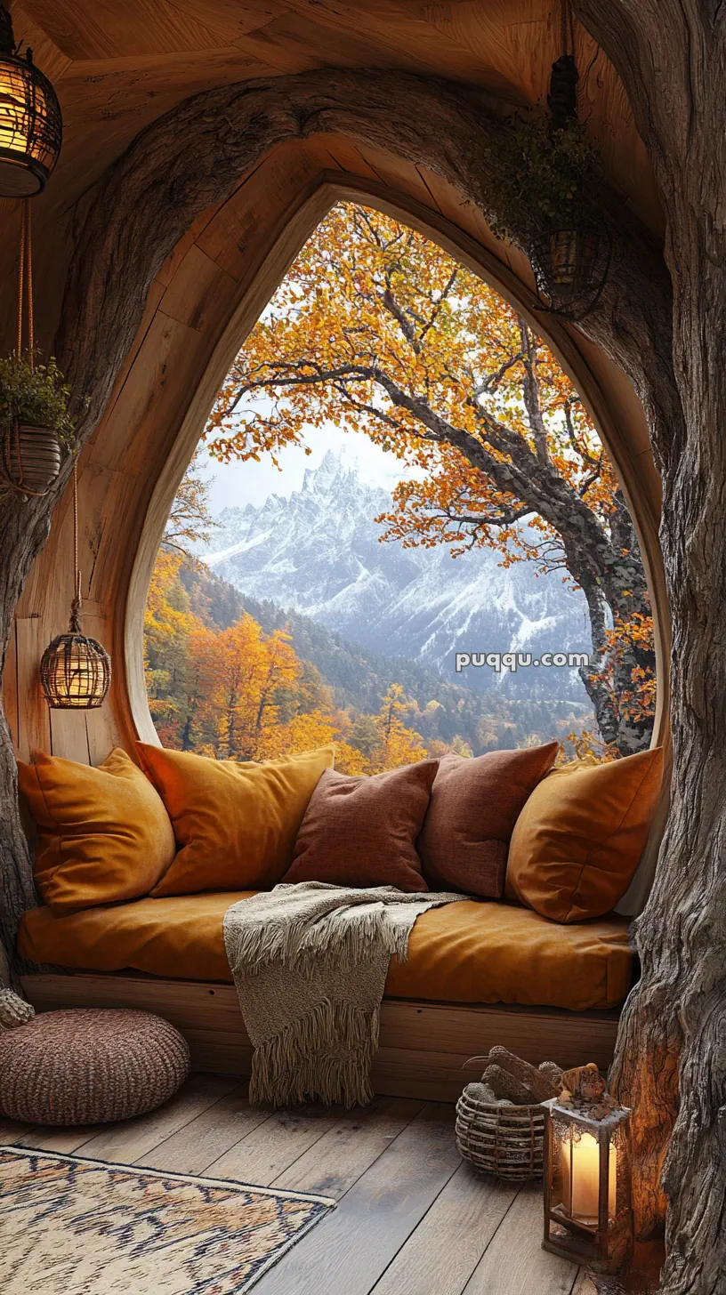 Cozy wooden nook with cushions and a large window overlooking autumn trees and snow-capped mountains.