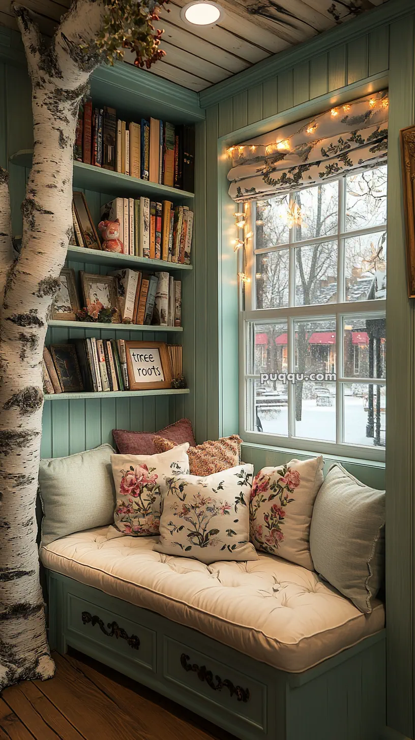 Cozy reading nook with a window seat adorned with floral cushions, teal shelving filled with books, and a large branch as a decorative feature, overlooking a snowy scene outside.