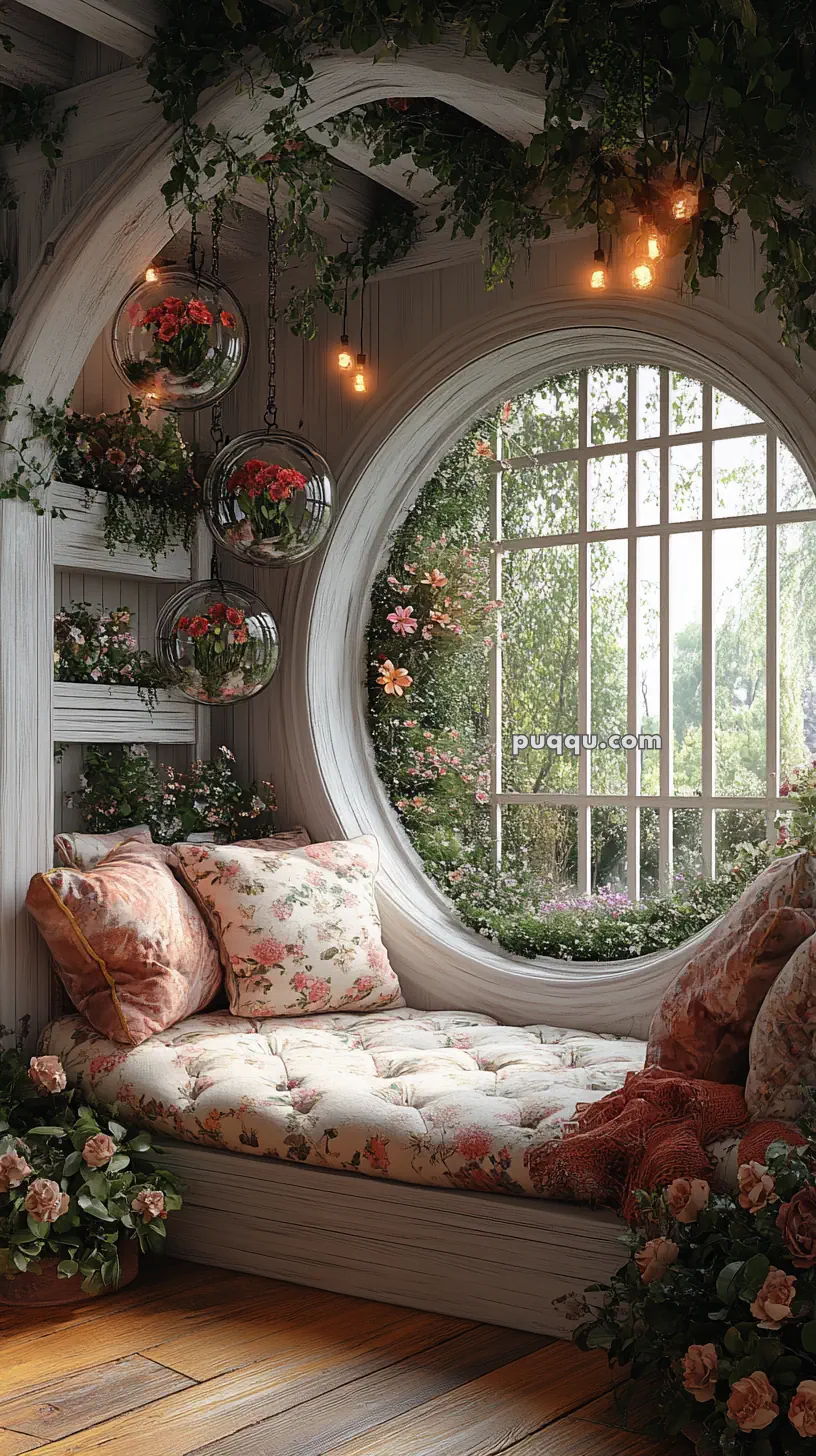 Cozy nook with a circular window, floral cushions, hanging planters, and vines, overlooking a lush garden.