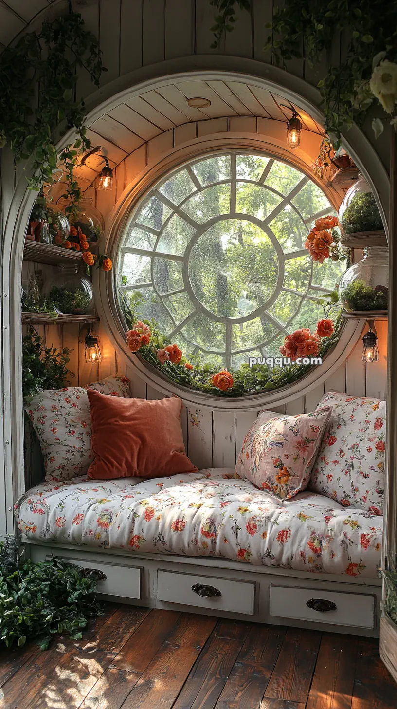 Cozy window nook with floral cushions, orange flowers, and plants, surrounded by a circular window.