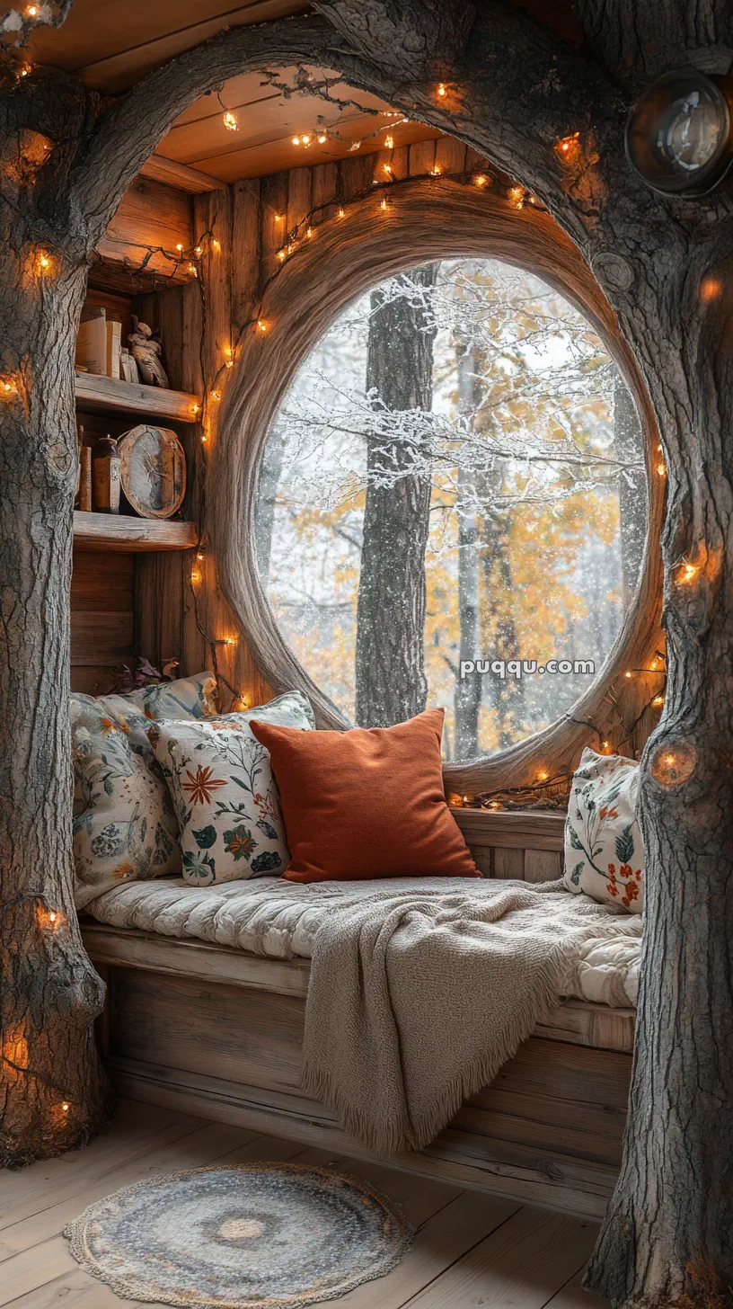 Cozy nook with a round window, fairy lights, and cushions, overlooking a snowy forest view.