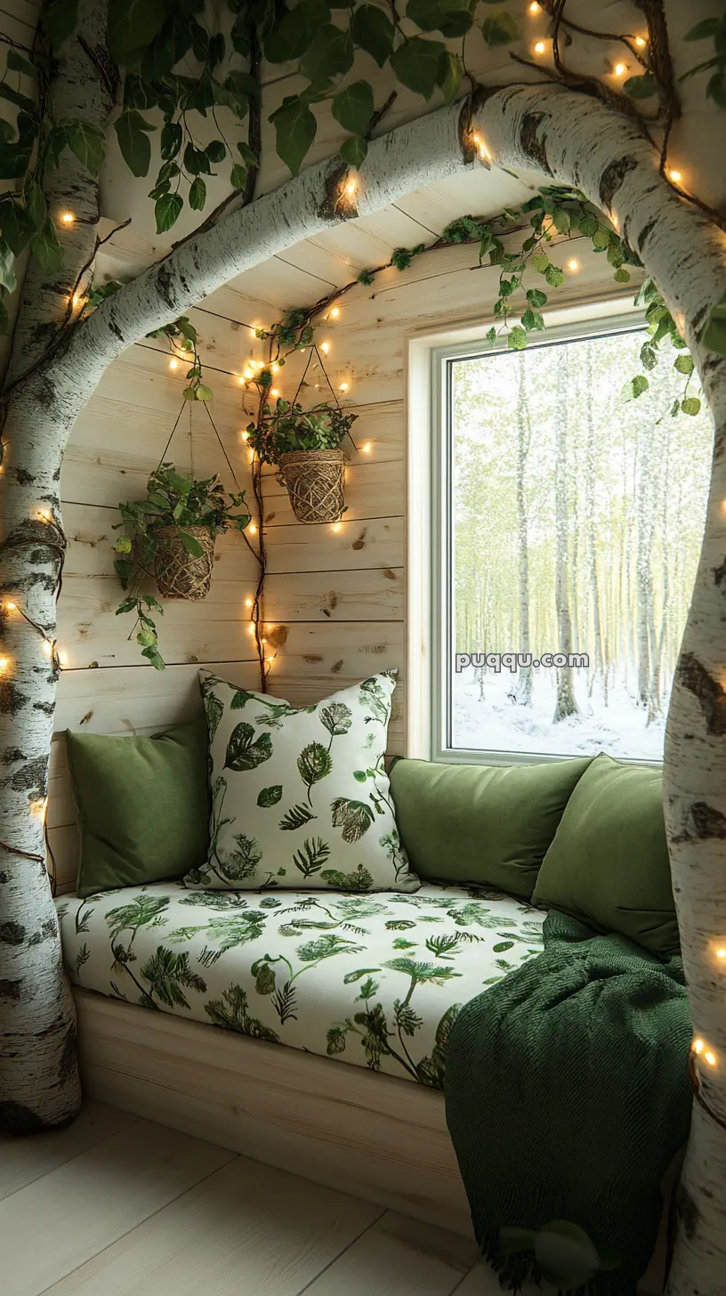 Cozy nook with a leaf-patterned cushion and pillows, surrounded by birch branches and hanging plants, illuminated by string lights, with a snowy view through the window.