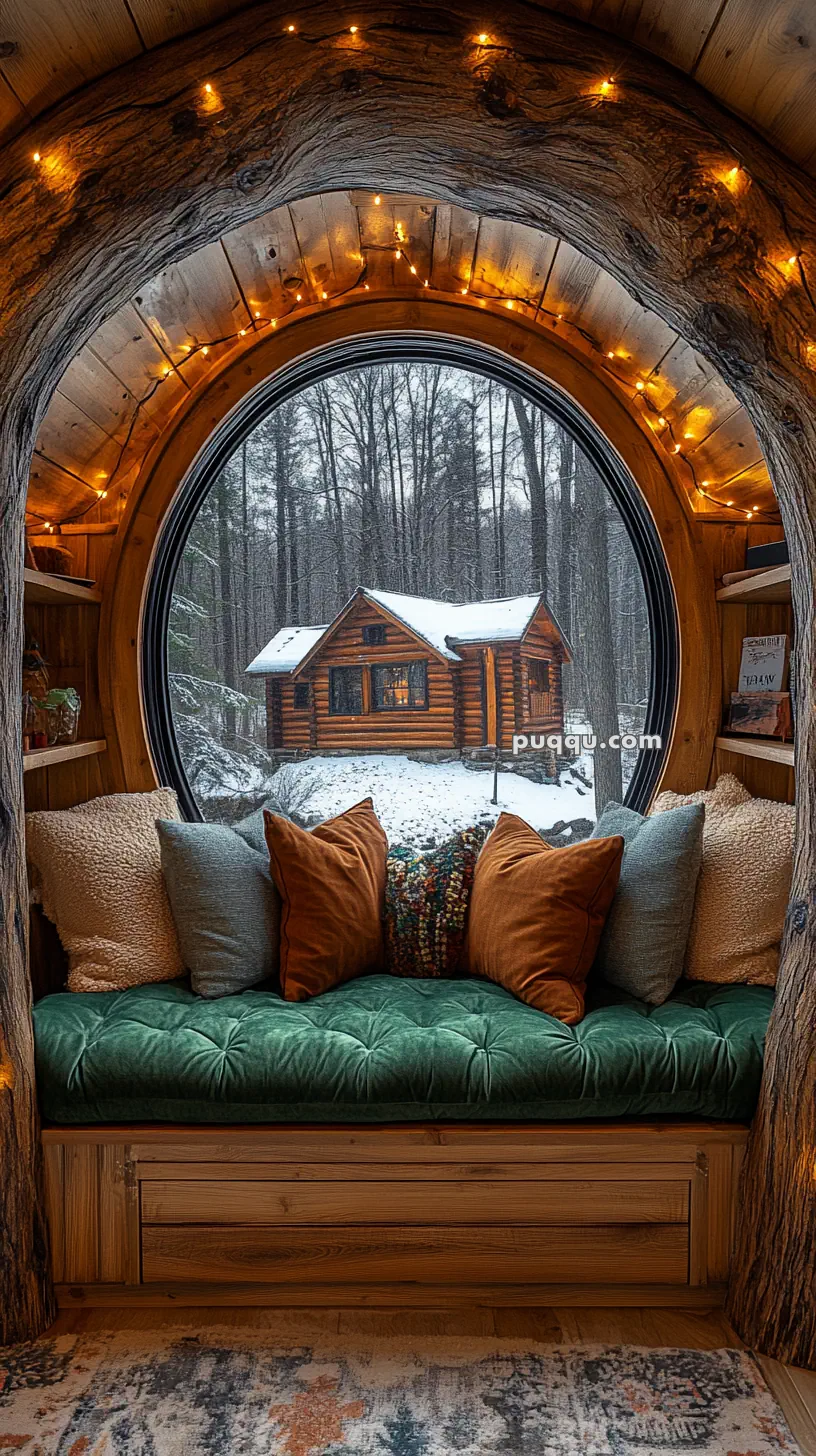 Cozy cabin interior with wood and stone accents, featuring a circular window view of a log cabin in a snowy forest.