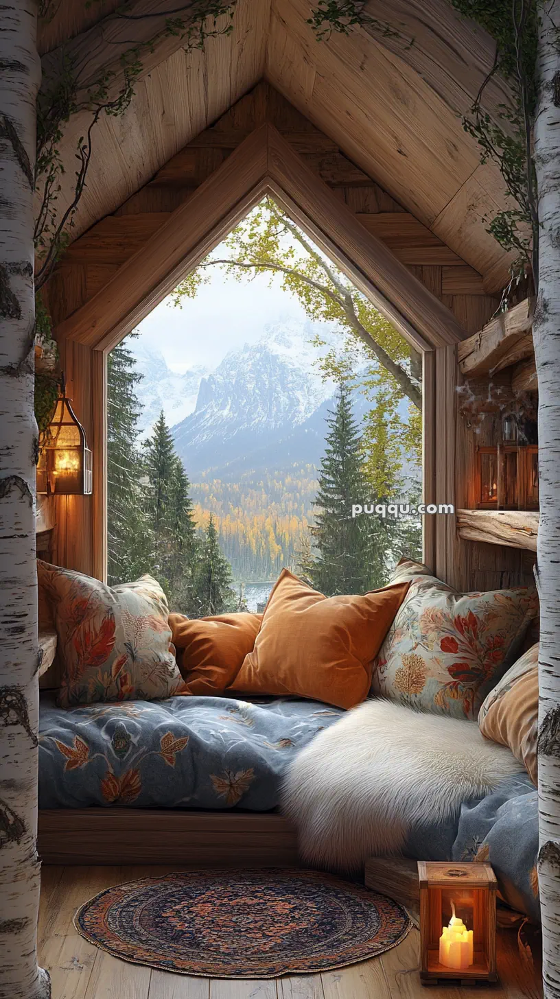 Cozy window nook with cushions and blankets, featuring a large wooden-framed window overlooking snowy mountains and a forest, with soft lighting from lanterns and a candle.