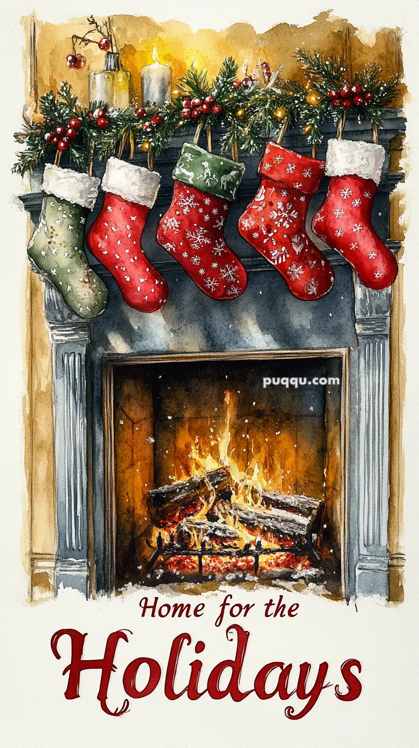 Christmas fireplace with stockings and festive decorations, captioned "Home for the Holidays."