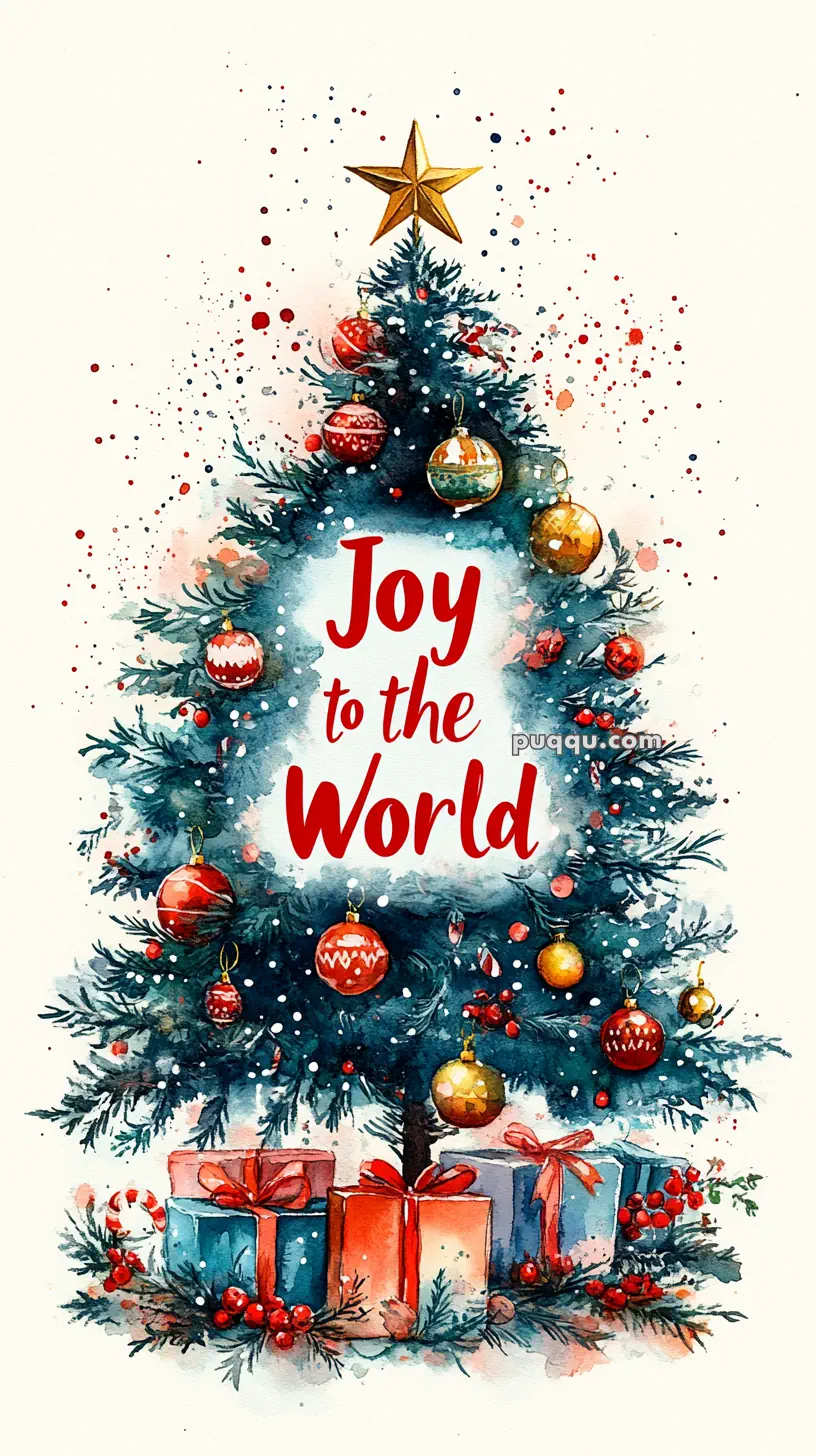 Watercolor Christmas tree decorated with ornaments and gifts underneath, featuring the text "Joy to the World" in the center.