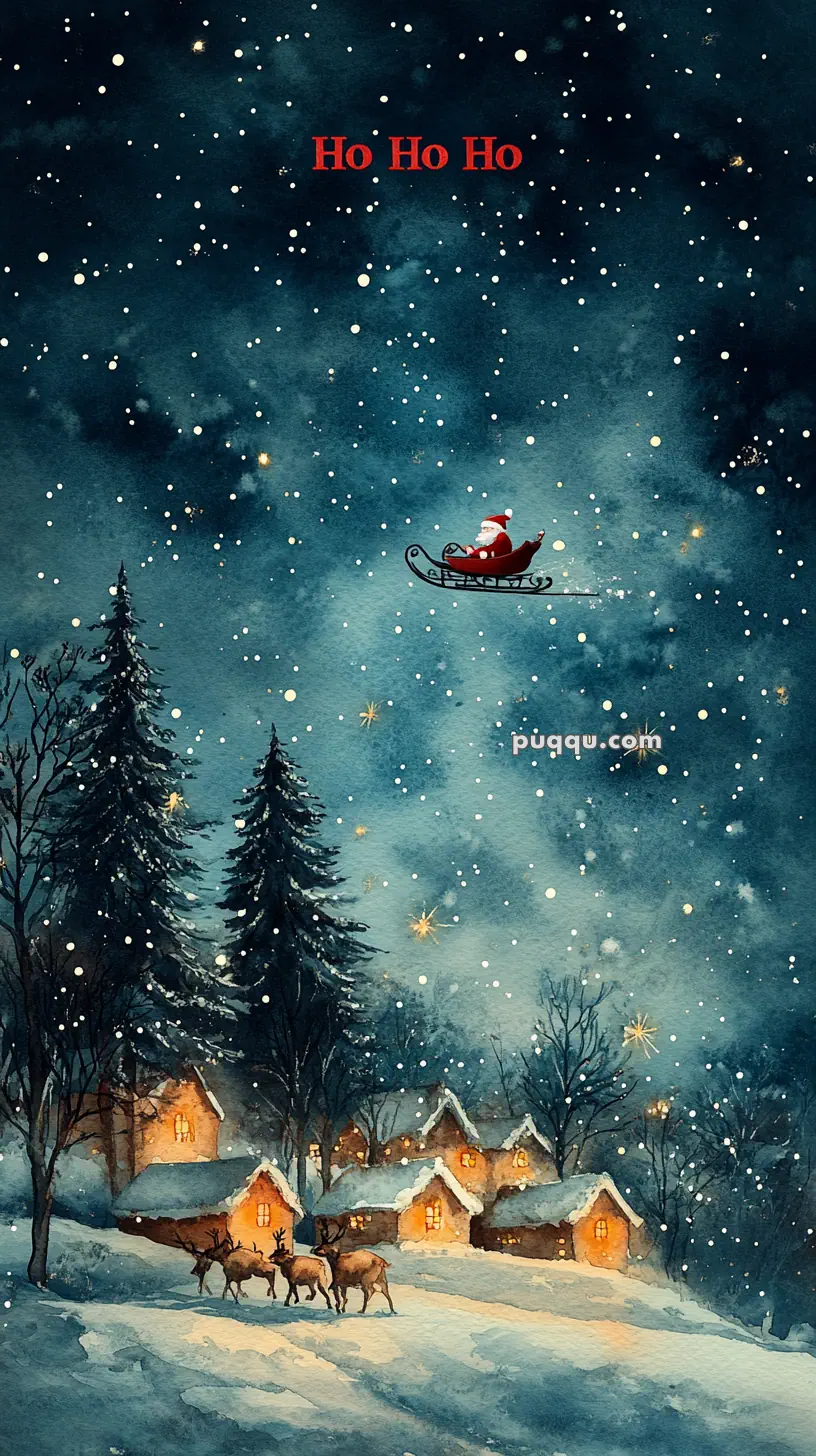 Santa Claus in a sleigh flying over a snowy village with reindeer below, under a starry night sky.