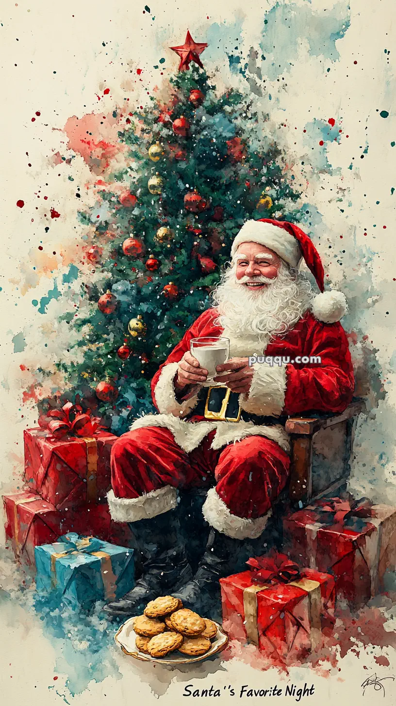 Santa Claus sitting with a cup of milk next to a Christmas tree and presents, with cookies on a plate.