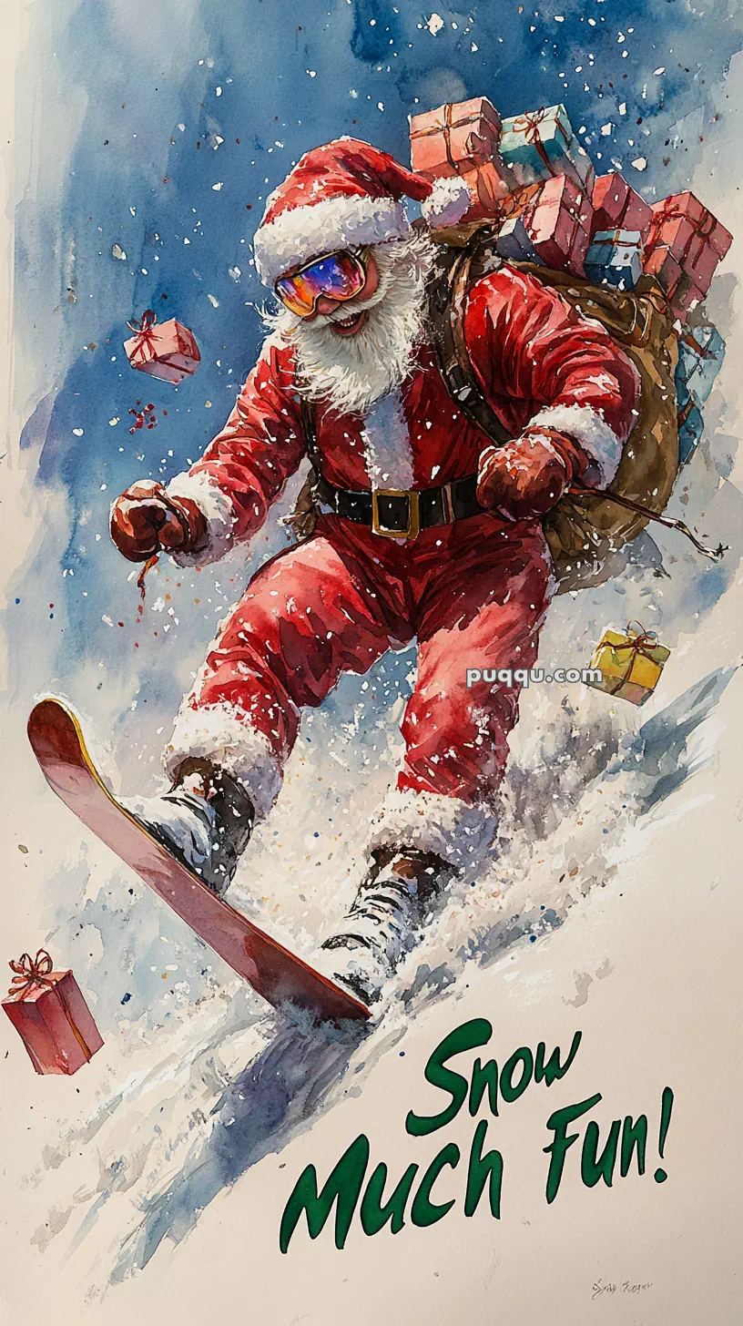 Santa Claus snowboarding down a snowy hill with a backpack full of gifts, scattered presents around, and the text "Snow Much Fun!"