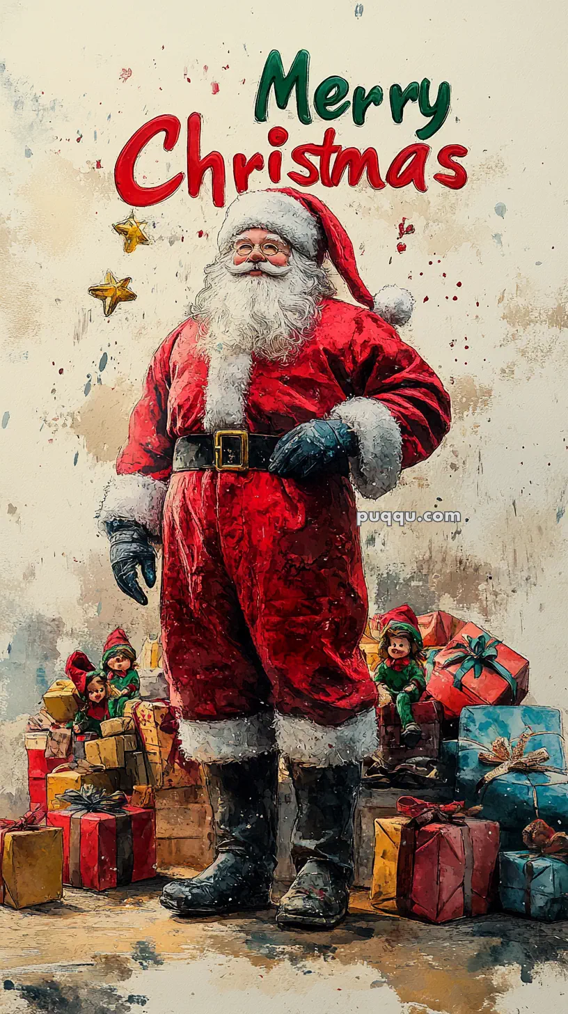 Santa Claus with a sack of gifts and elves, surrounded by presents, with "Merry Christmas" written above.