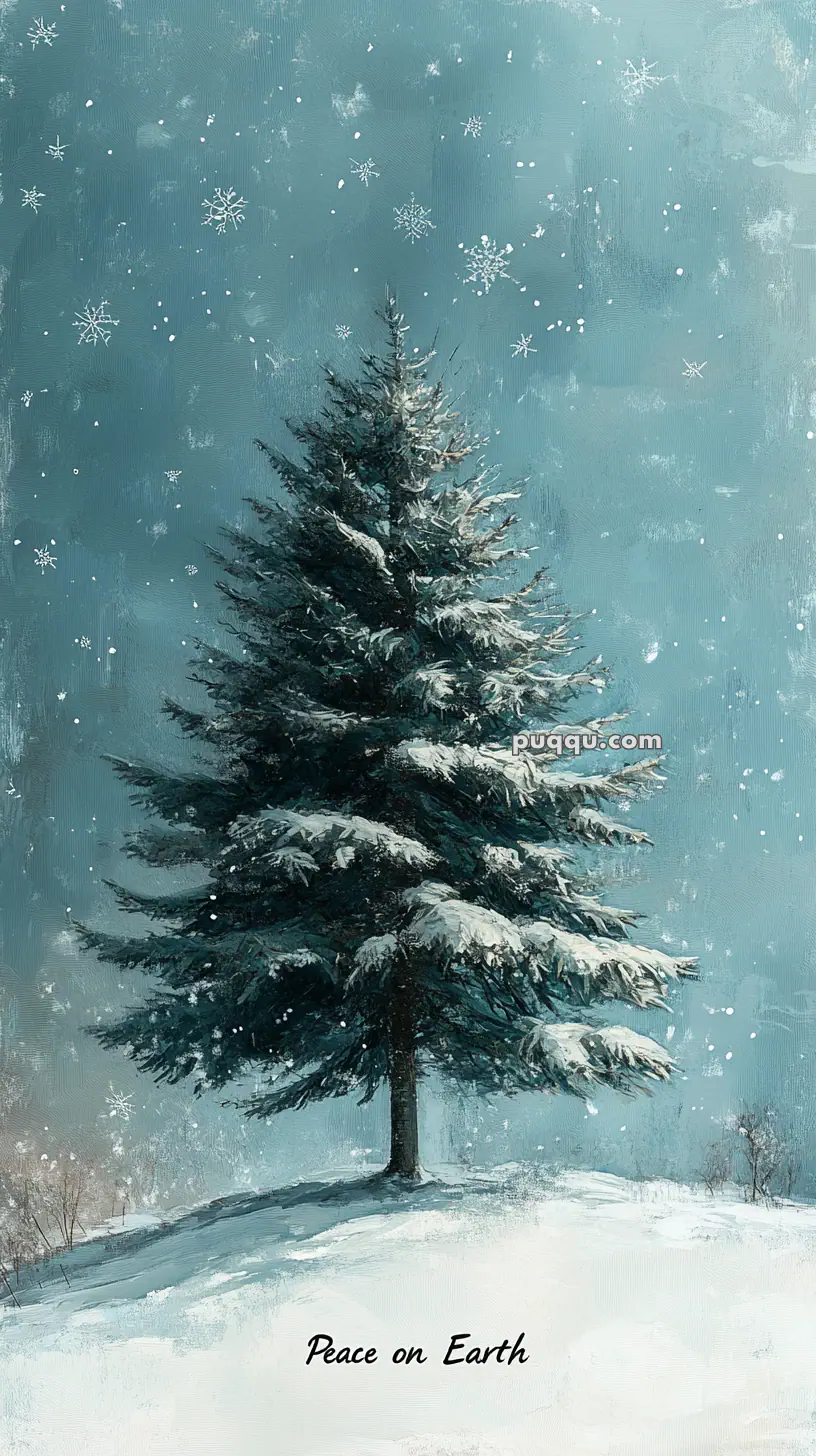 A snow-covered evergreen tree with falling snowflakes, set against a blue sky background with the text "Peace on Earth" at the bottom.