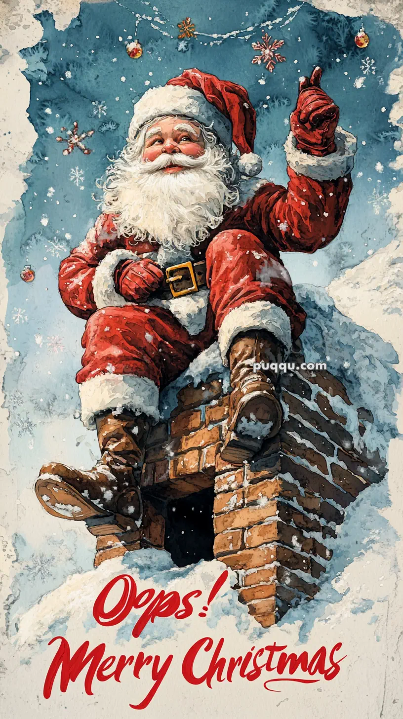 Santa Claus sitting on a snowy chimney, smiling and pointing upward, with "Oops! Merry Christmas" written below.