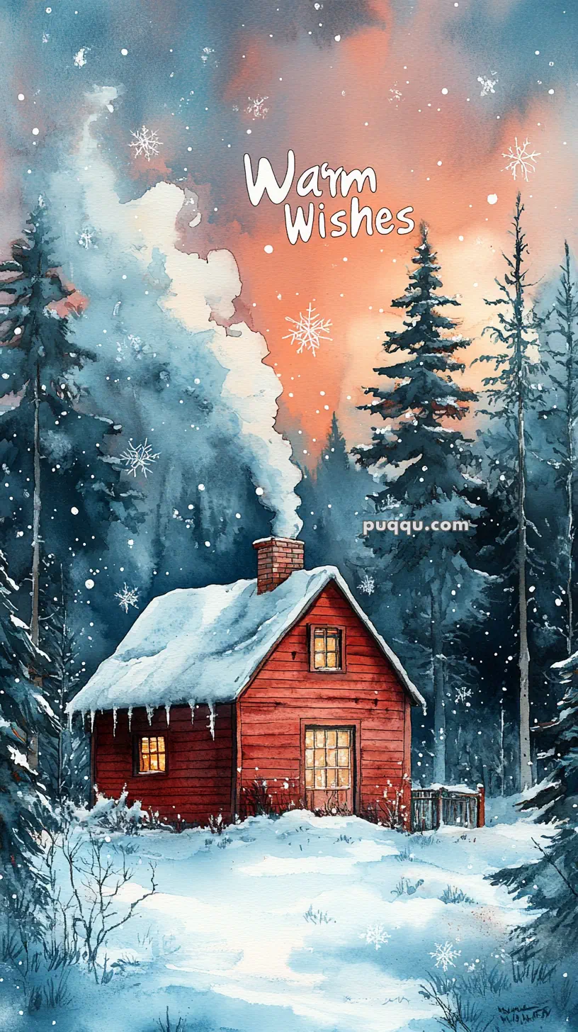 A snowy forest scene featuring a cozy red cabin with smoke rising from the chimney under a winter sky, surrounded by tall trees. The image includes snowflakes and the text "Warm Wishes".