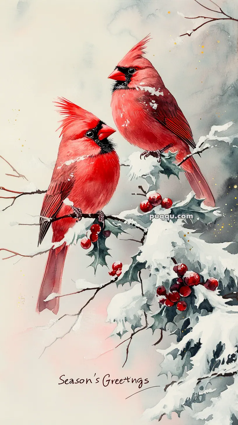 Two red cardinals perched on snowy branches with holly leaves and berries, with "Season's Greetings" text below.