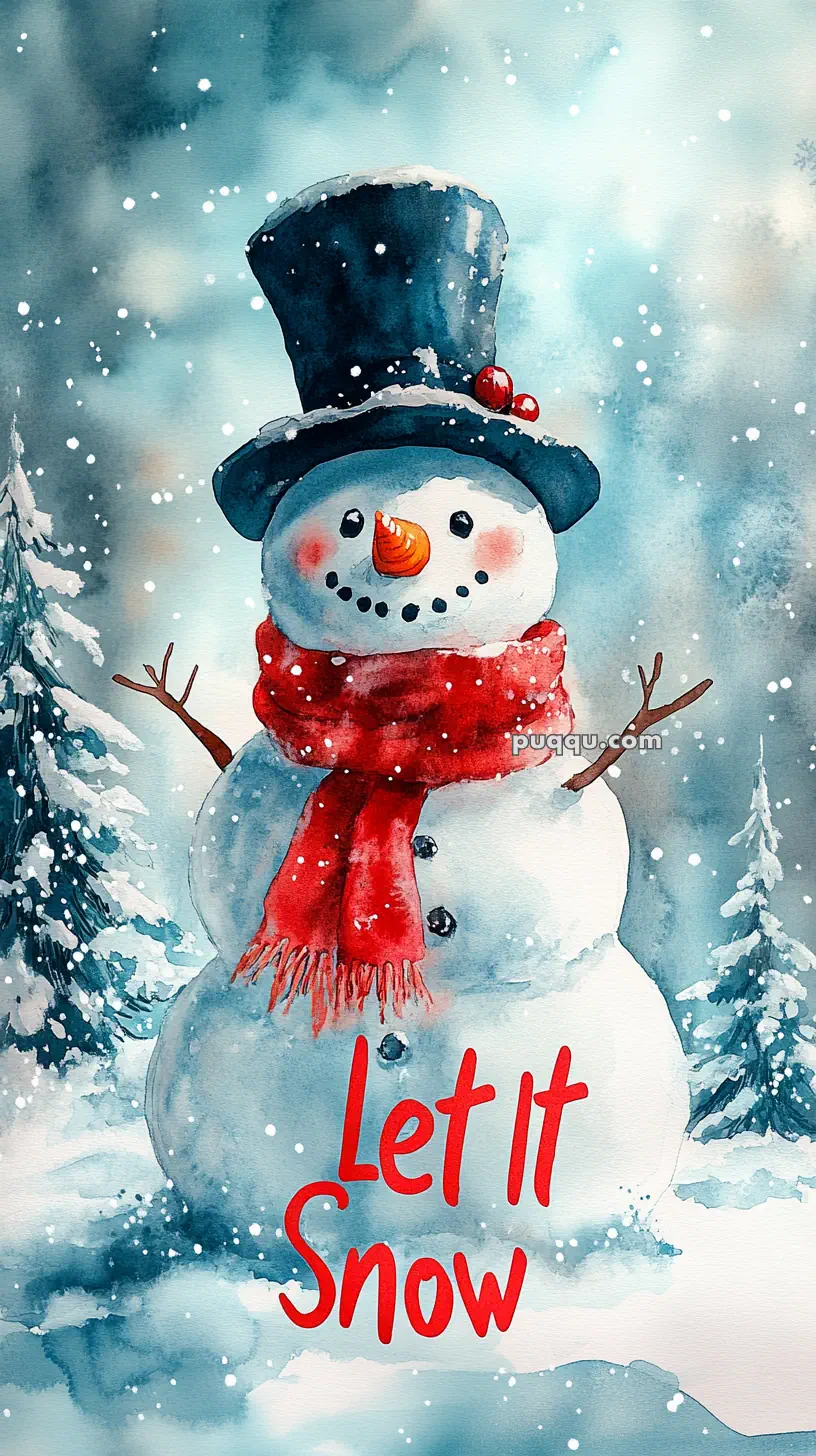 A snowman wearing a black hat and red scarf with the text "Let It Snow" in front of a snowy background.