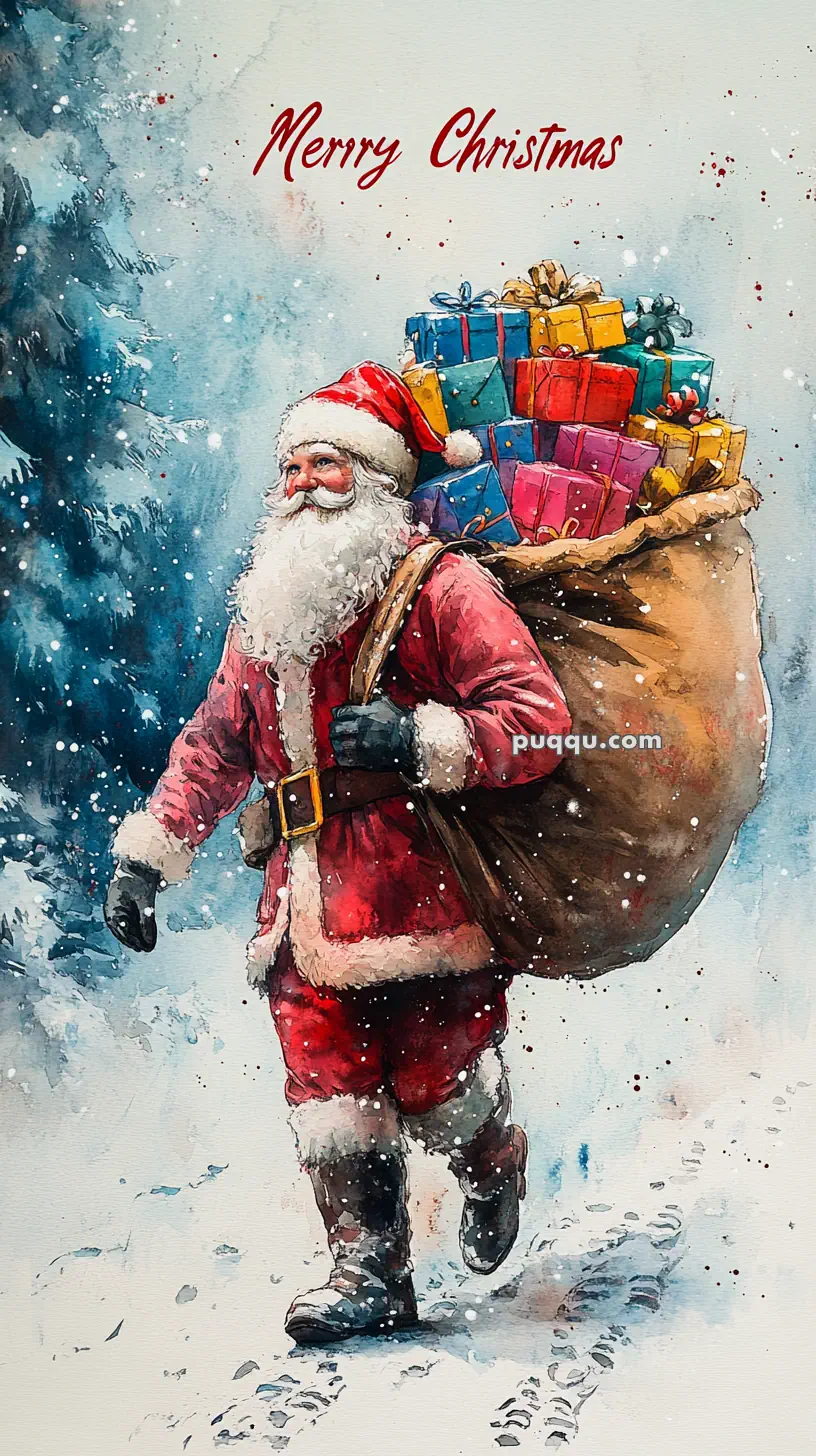 Santa Claus walking through snow carrying a large sack of colorful gifts, with "Merry Christmas" written above.