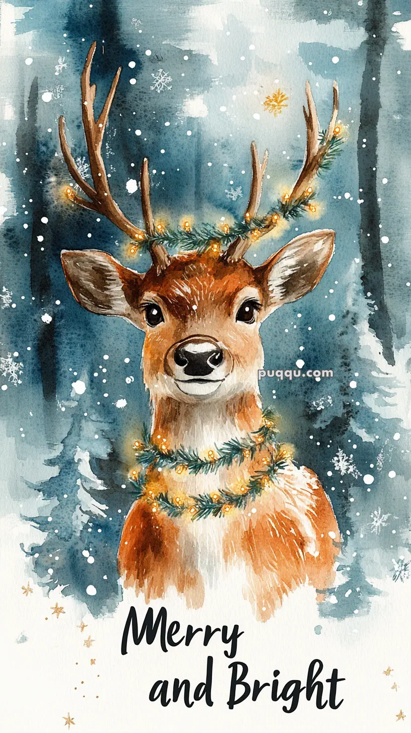 A watercolor illustration of a deer with antlers decorated with lights, surrounded by falling snowflakes in a snowy forest with the text "Merry and Bright" below.