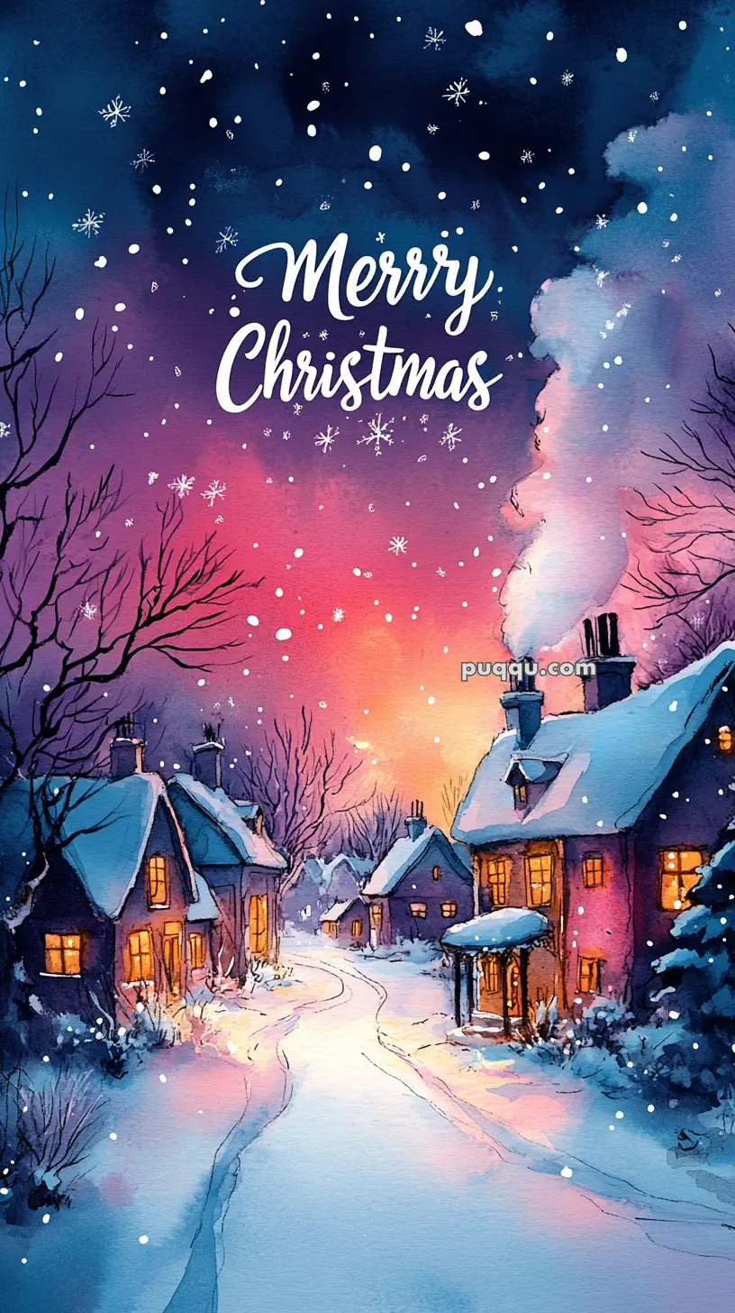 Festive winter scene with snow-covered houses, a snowy path, and "Merry Christmas" text above.