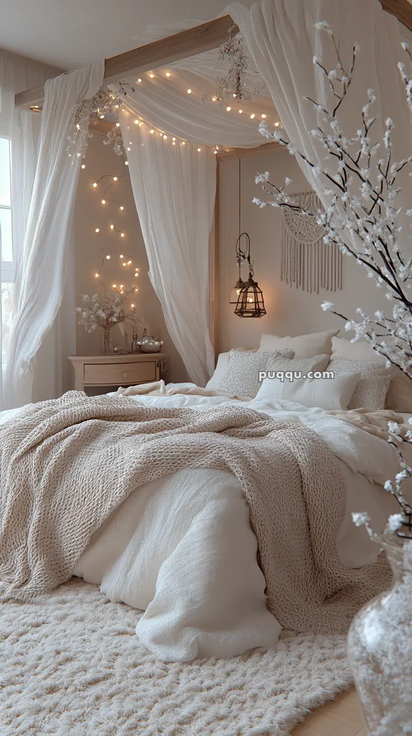 Cozy bedroom with a canopy bed, soft white bedding, hanging fairy lights, and rustic decor elements.