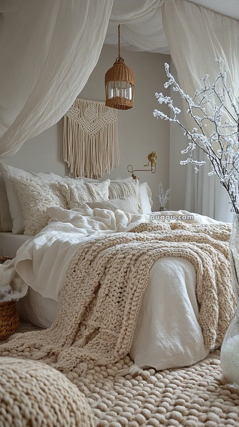 Cozy bedroom with a canopy bed, chunky knit blanket, macramé wall hanging, wicker lamp, and decorative branches.